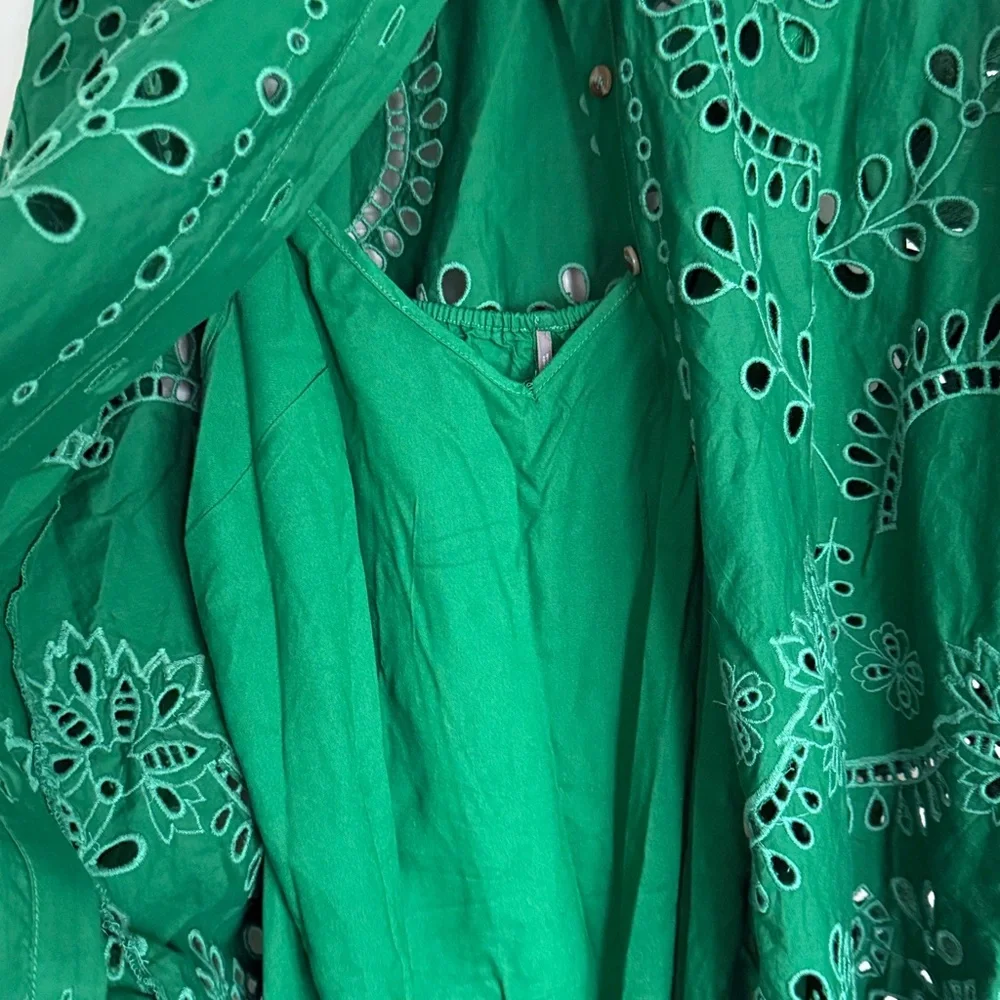 Anthropologie Green Eyelet Dress with slip dress - Picture 6 of 8